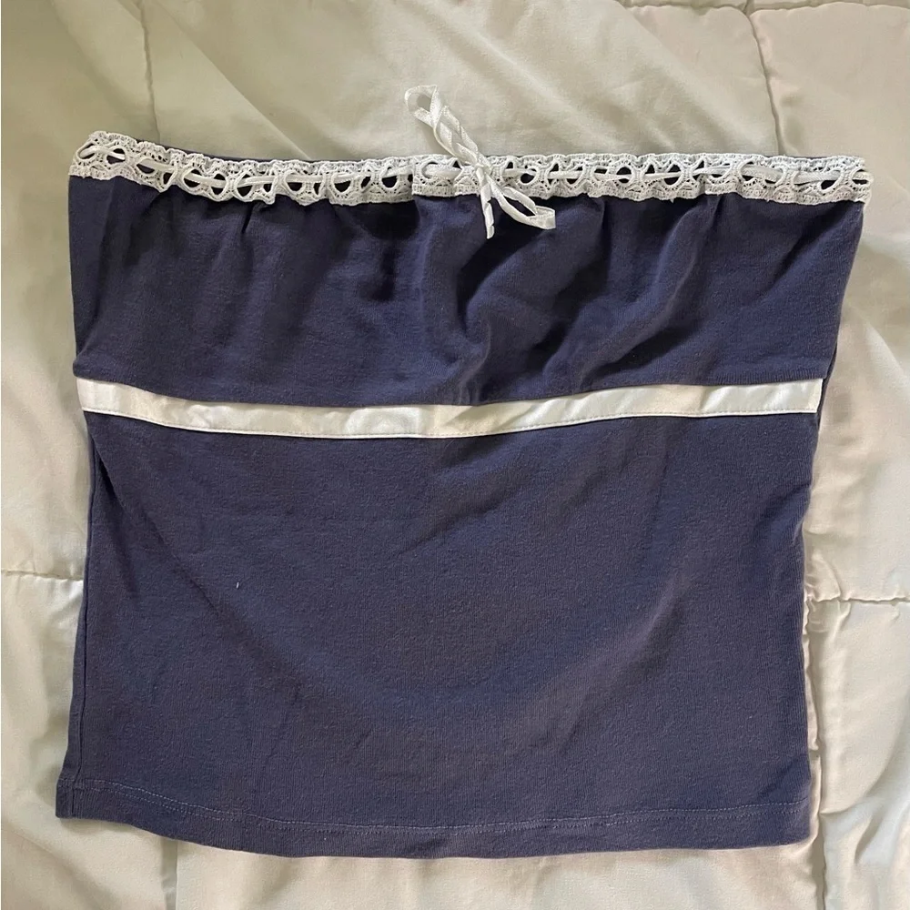 Y2K Subdued Navy Blue Tube Top with Lace Detail - Picture 1 of 5